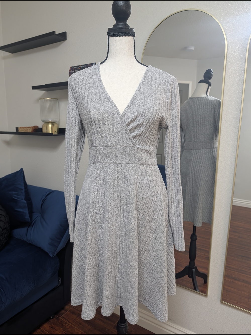 SHEIN Light Gray Ribbed Wrap Skater Dress
